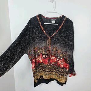 Carole Little Black Multicolor Native American Artsy Long Sleeve Blouse Size 8